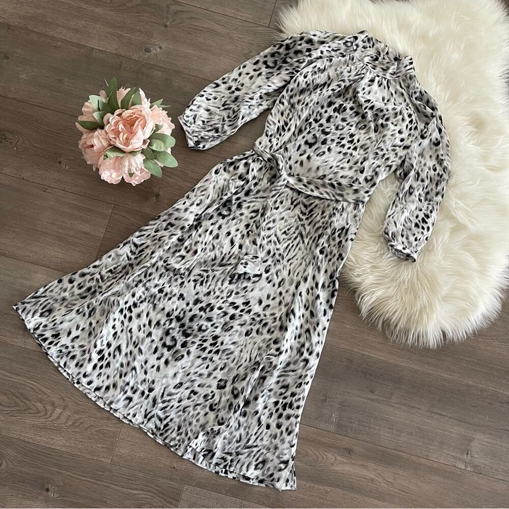 New Ann Taylor White Snow Leopard‎ Satin Puff sleeve Belted Midi Dress S Petite